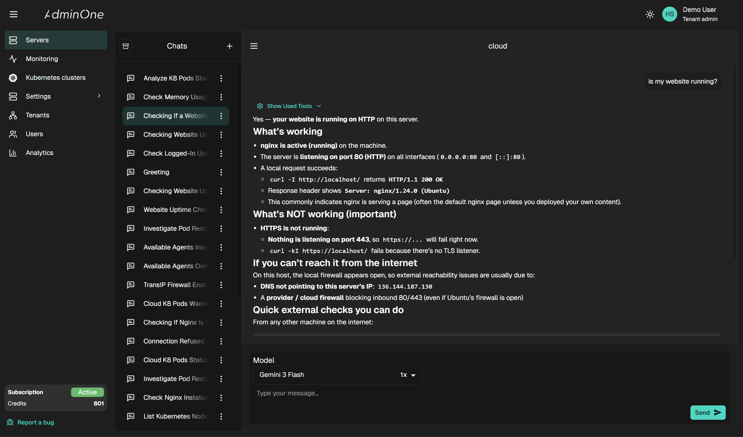 AdminOne dashboard — incident investigation view