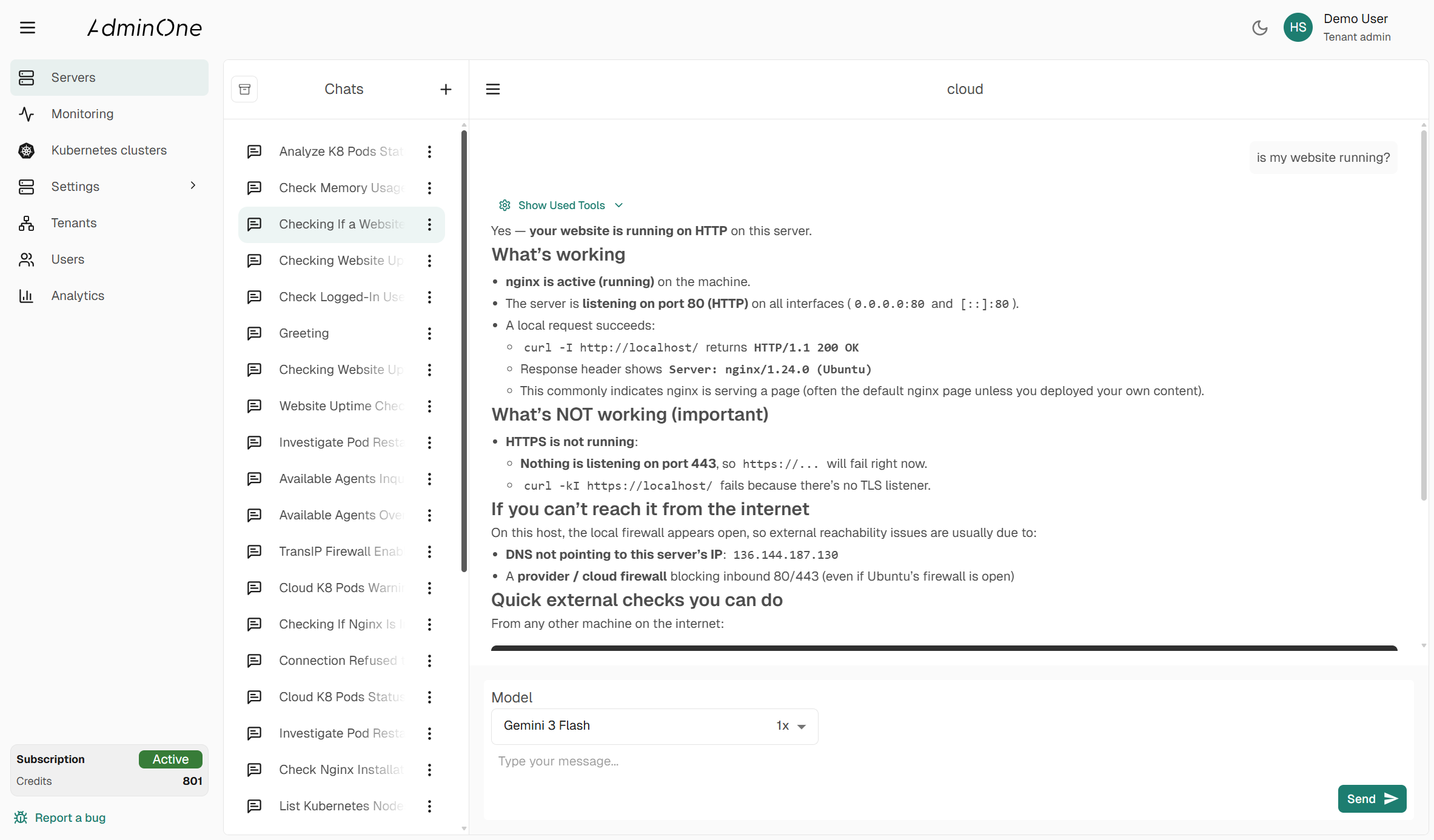 AdminOne dashboard — incident investigation view